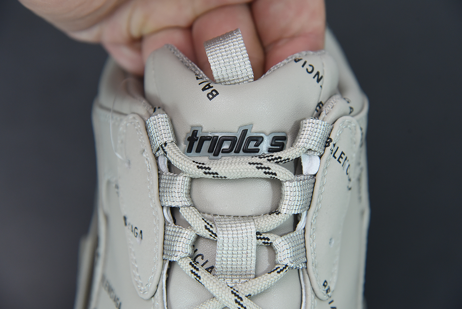 19be04e0 Balenciaga All Over Logo Triple S Grey close-up detail